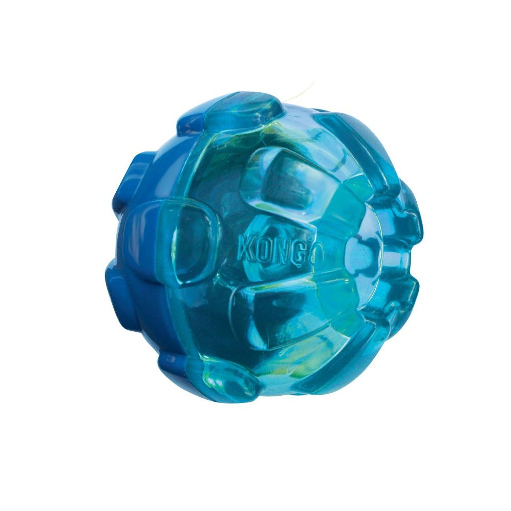 A blue and green KONG dog toy ball.