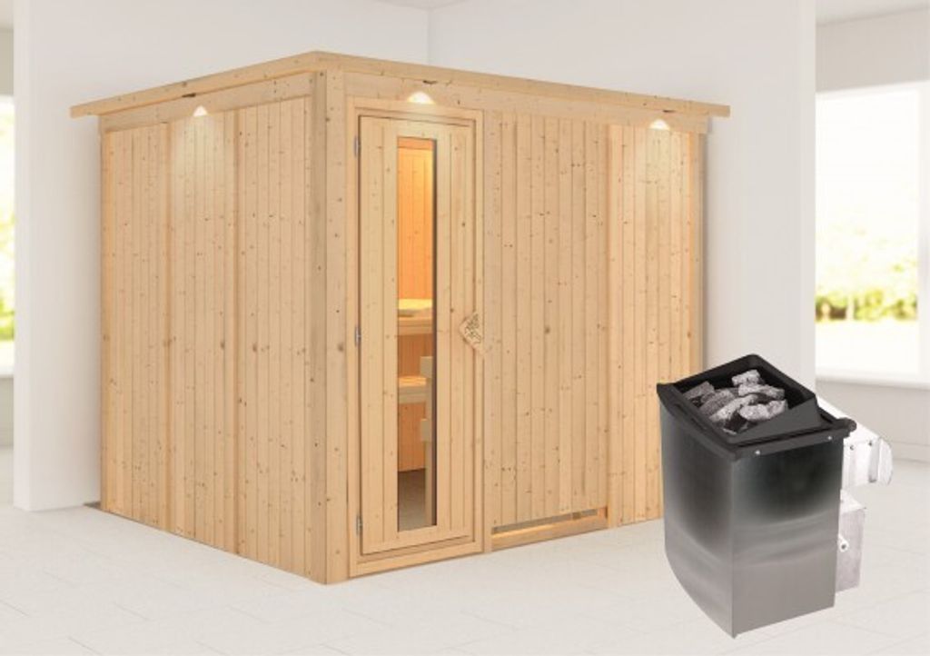 Karibu Sauna Innensauna Gobin Fronteinstieg Ofen 9 kW integr. Strg 245x210x202 cm mit Dachkranz mit Energiespartür