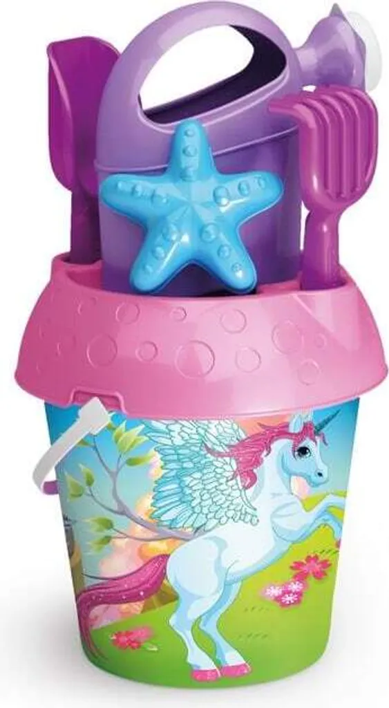 Garniture seau à sable licorne rose et violet avec moules 6 pièces