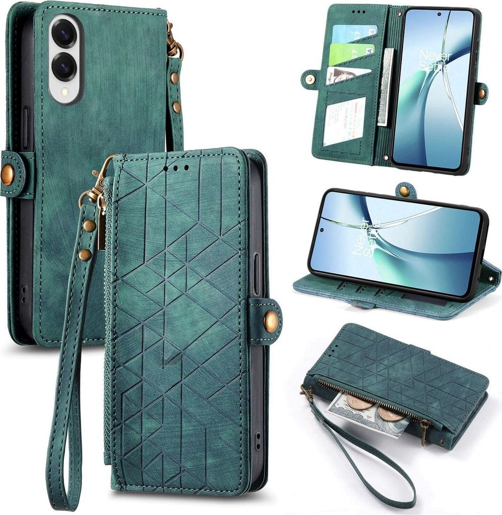 Für Samsung Galaxy S25 Edge 5G Geometric Design Kunstleder Zipper Book Wallet Tasche mit Schlaufe Grün