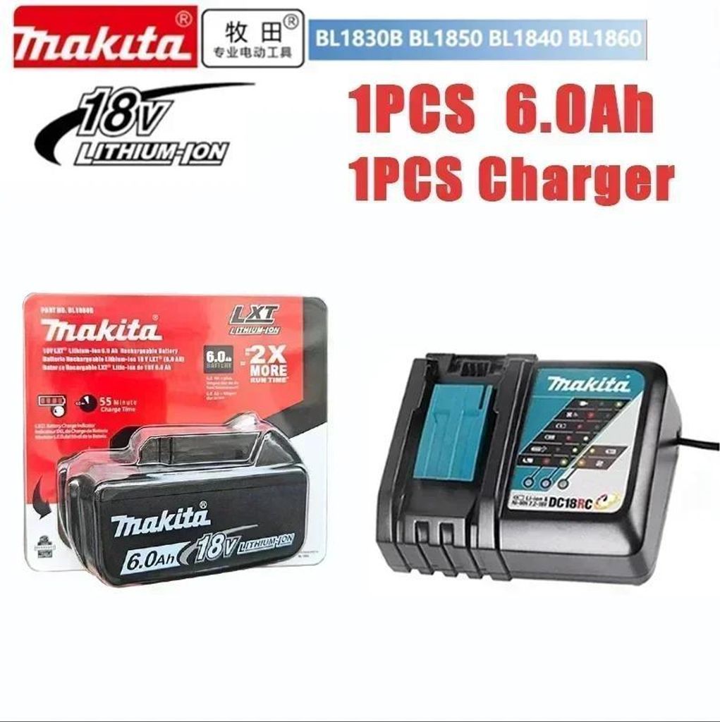 18V Li‐Ion Akku‐ und Ladegerät‐Set - Kompatibel mit BL1860/BL1850/BL1830 - Inkl. 1× 6,0Ah Akku + 1× Ladegerät - LED‐Anzeige - 18650‐Z...