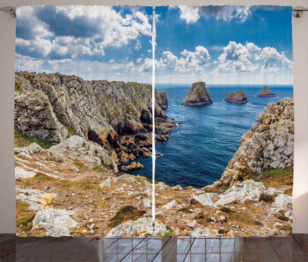ABAKUHAUS Landschaft Rustikaler Vorhang, Pointe de Pen Hir Bild, Wohnzimmer Universalband Gardinen mit Schlaufen und Haken, 280 x 225 cm, Sea Blue ...