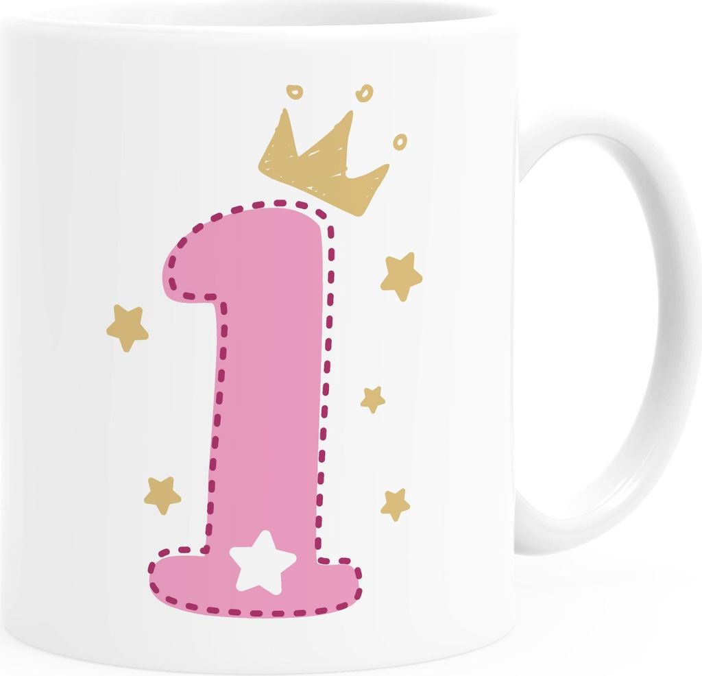 Kinder-Tasse Kunststoff mit Zahl 1 2 Krone Geburtstagsgeschenk Jungen Mädchen MoonWorks 1 weiß-rosa Kunstoff-Tasse