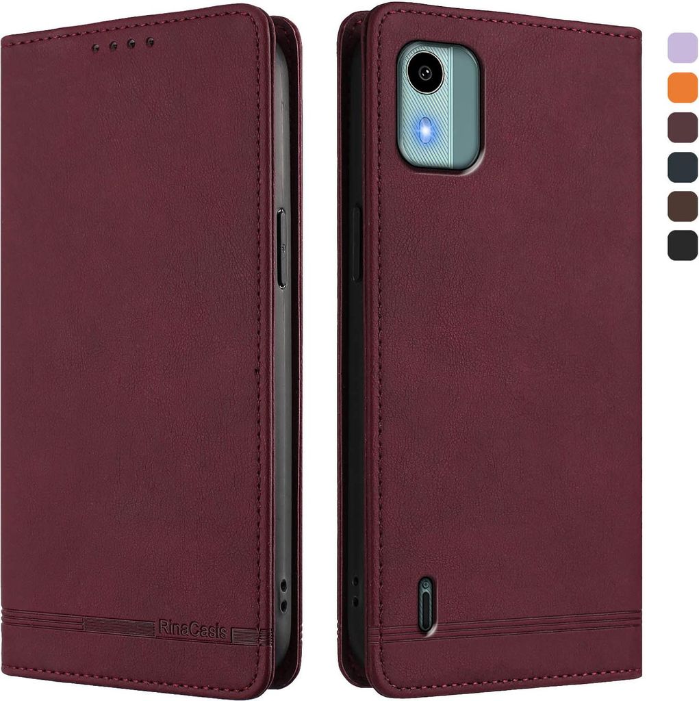 Hülle für Nokia C12, Retro Kunstleder Ständer Klapphülle mit Kartenfächer und Magnetische Rot