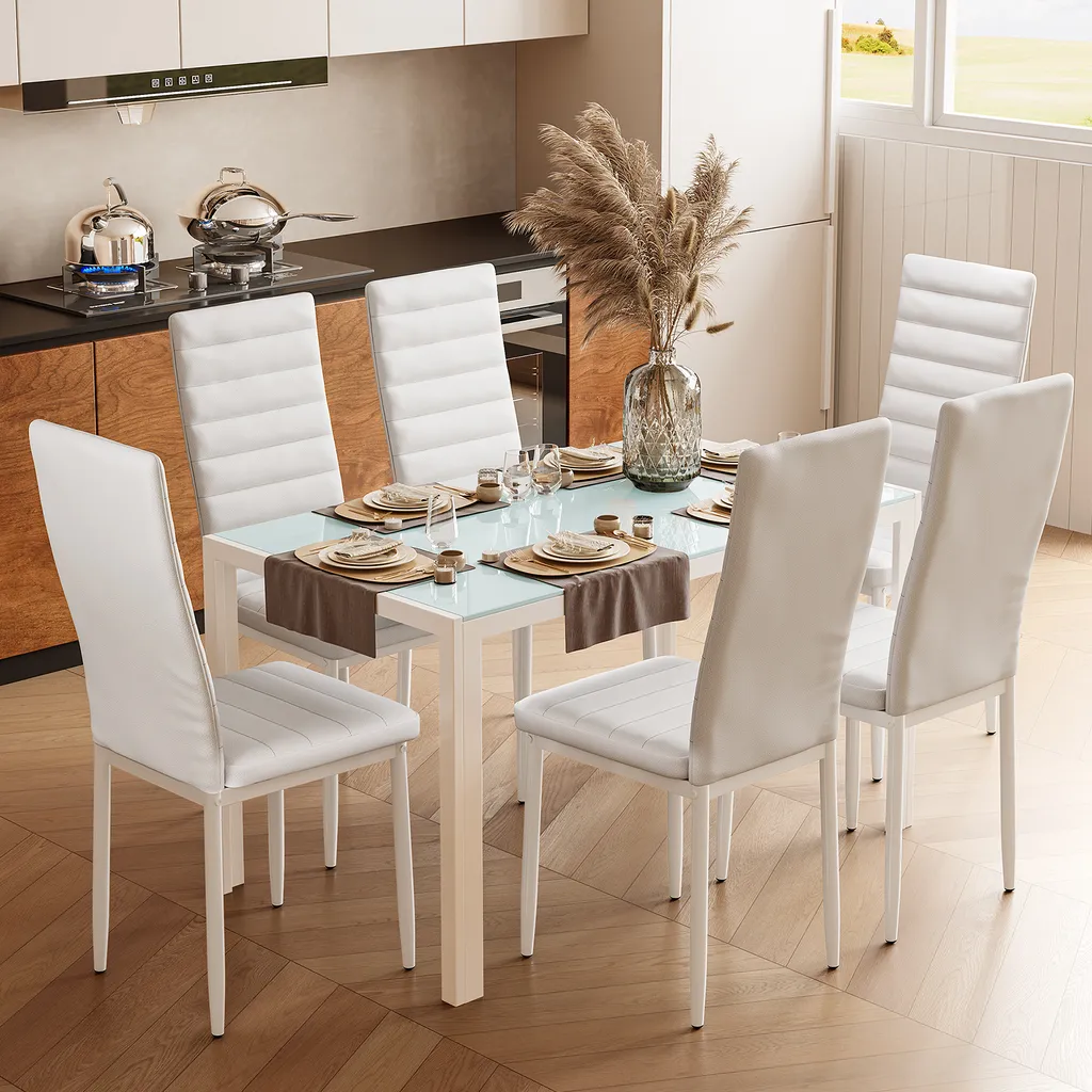 Table de séjour moderne 130cm avec 6 chaises en similicuir noir Bealife