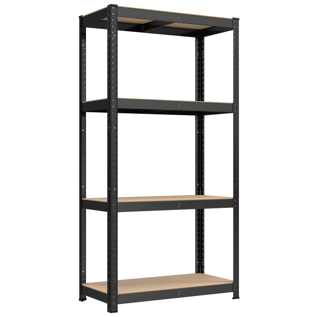 A black metal shelving unit with four wooden shelves, shown from the front against a white background.