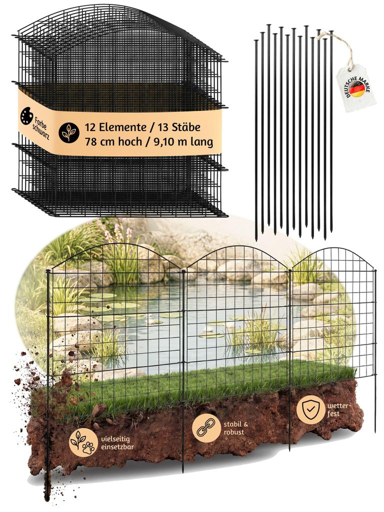 Zaun Gartenzaun Steckzaun Teichzaun für Garten Teich 12 Zaunelemente 78 cm hoch Metall Hundezaun Gitterzaun Oberbogen Schwarz V2Aox 6 x 6cm