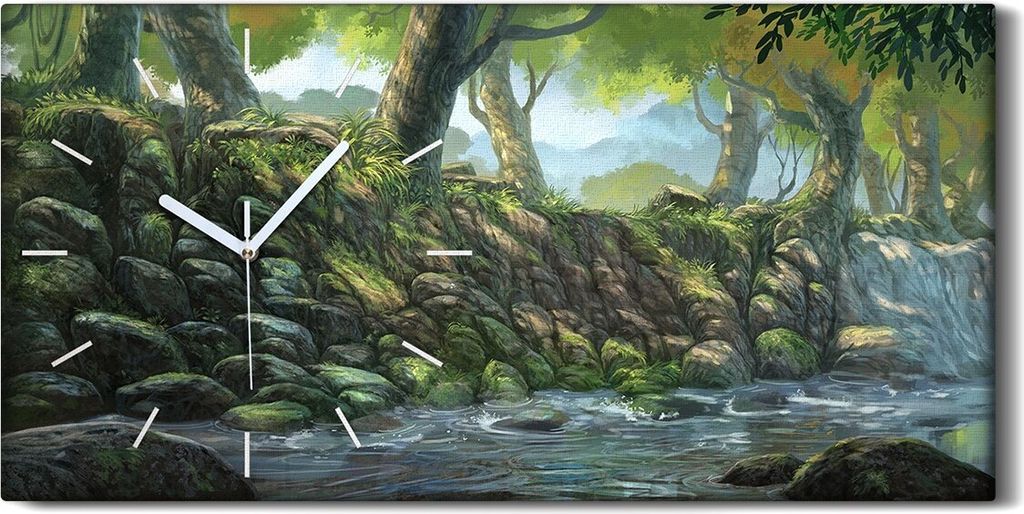 Wandkunst Leinwand Bild Uhr 60x30 Malerei Wald Bäume Fluss Steine Kunst - weiße Hände