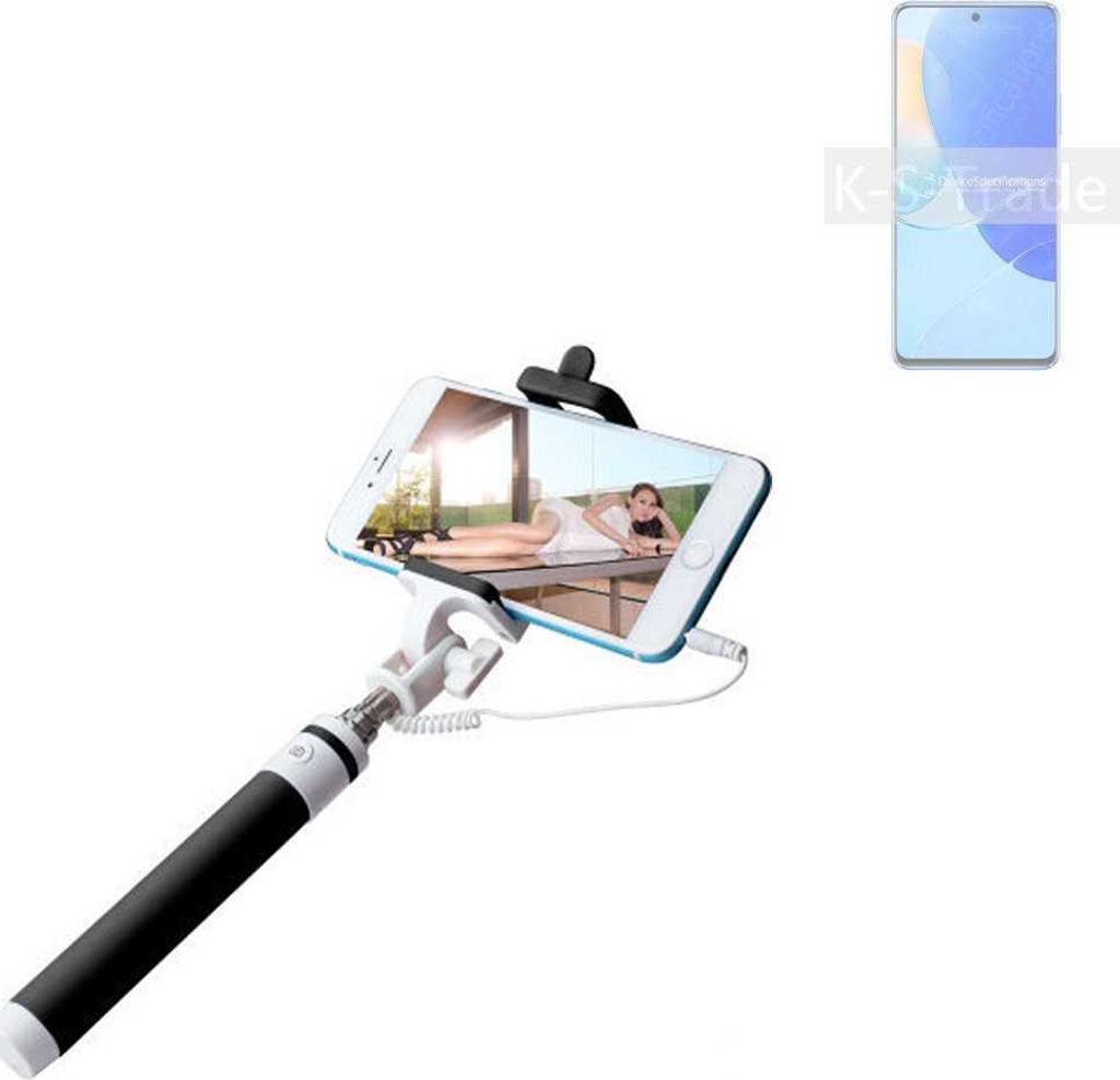 K-S-Trade Selfie Stick kompatibel mit Huawei nova 9 SE Selfiestick kabelgebunden Monopod mit Kabel Stab Stange Selfportrait Handheldstick schwarz 1x