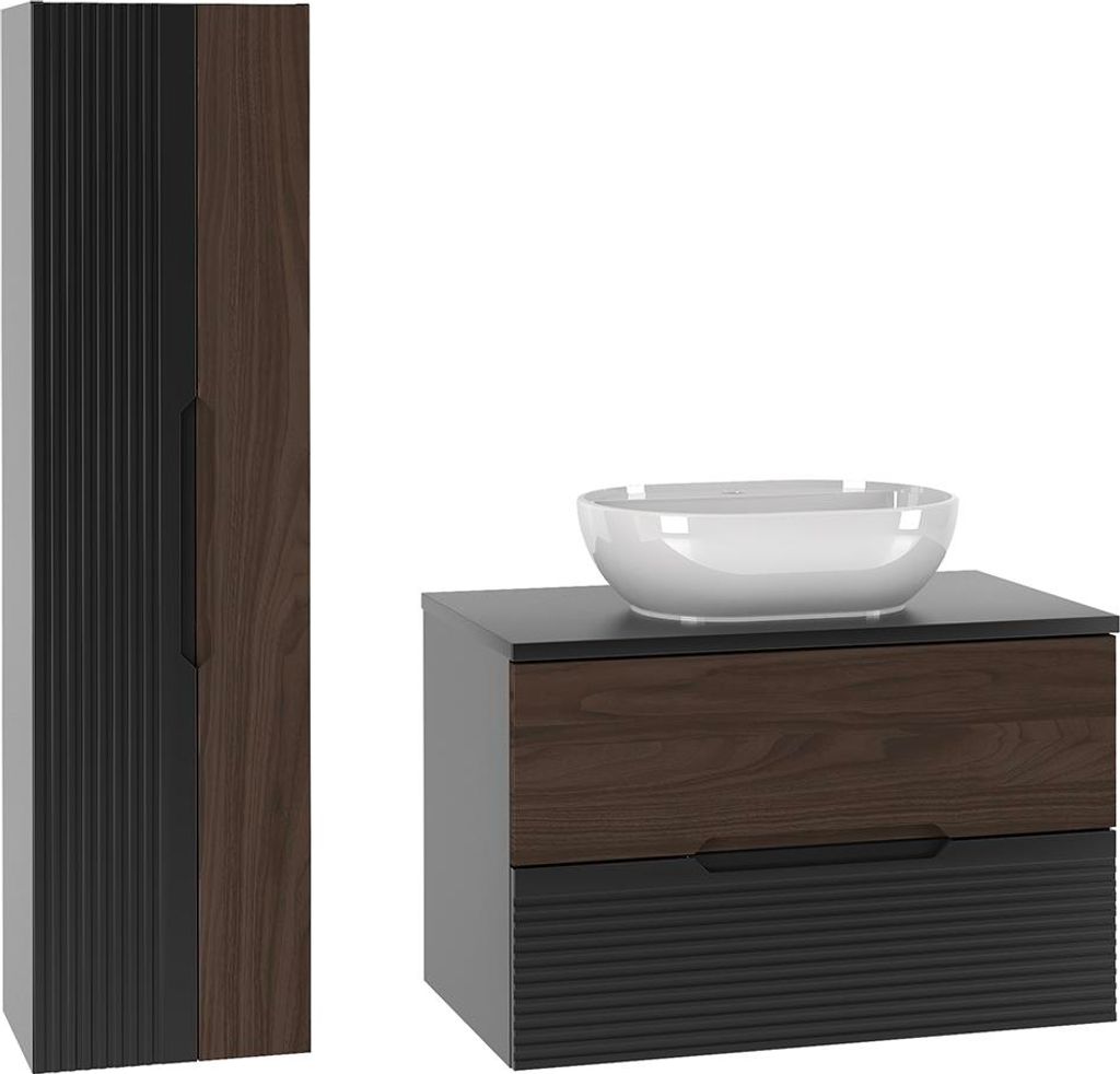 Waschtisch und Hängesäule 80.6cm Sylla mit 2 Schubladen, Schwarz und Holzoptik