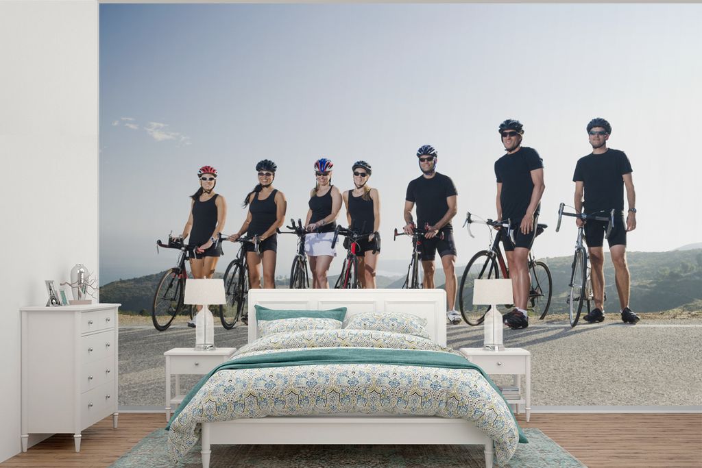 MuchoWow Fototapete für Wohnzimmer oder Schlafzimmer Wandtapete Vinyl Motivtapete Fahrräder - Radsport - Helm - 420x280 cm - Zimmer für Kinder