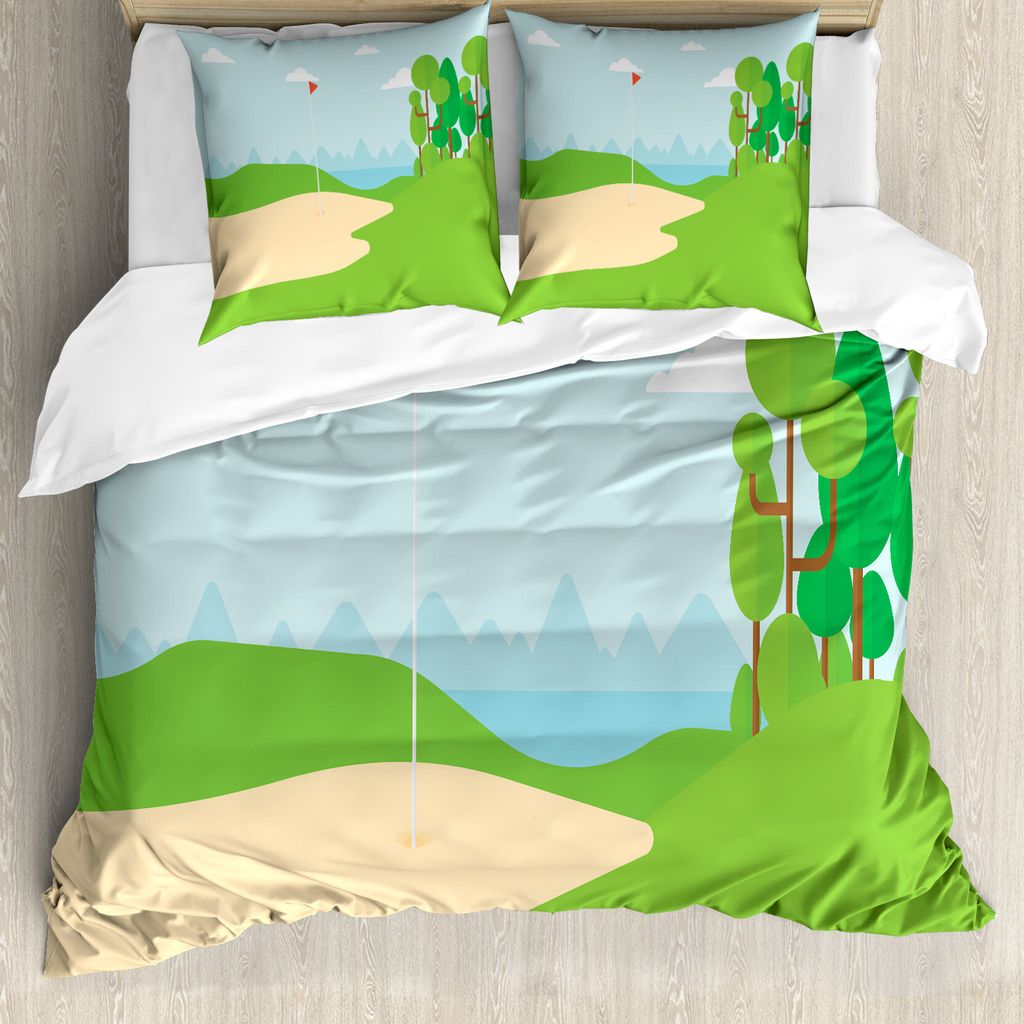 ABAKUHAUS Golfplatz-Szene Bettbezug Set für Einzelbetten, Feld Bäume Flagge, Milbensicher Allergiker geeignet mit Kissenbezug, 200 cm x 200 cm - ...
