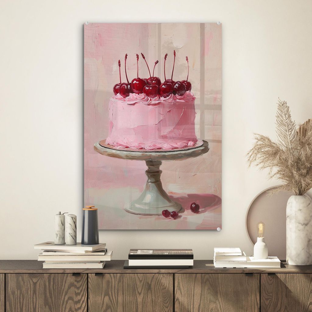 MuchoWow Glasbilder - Bilder auf Wandbild - Foto auf Glas Torte - Rosa - Kirsche 40x60 cm Wanddekoration aus Glas - Acrylglasbild - Acrylbilder - G...