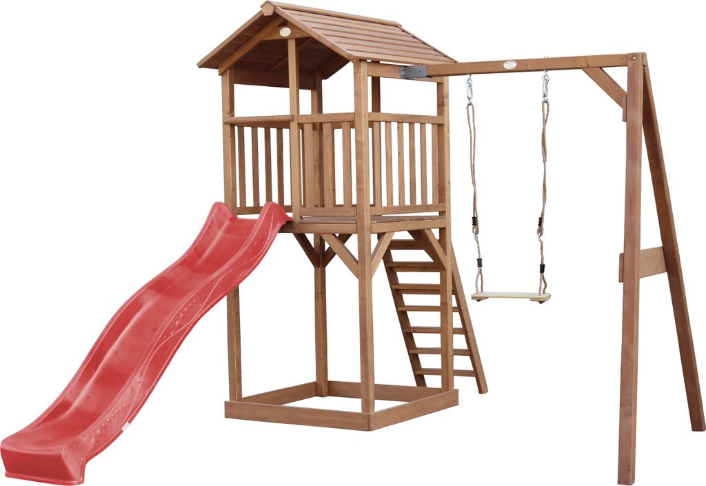 AXI Beach Tower Spielturm aus Holz in Braun | Spielhaus für Kinder mit roter Rutsche, Schaukel und Sandkasten | Stelzenhaus für den Garten