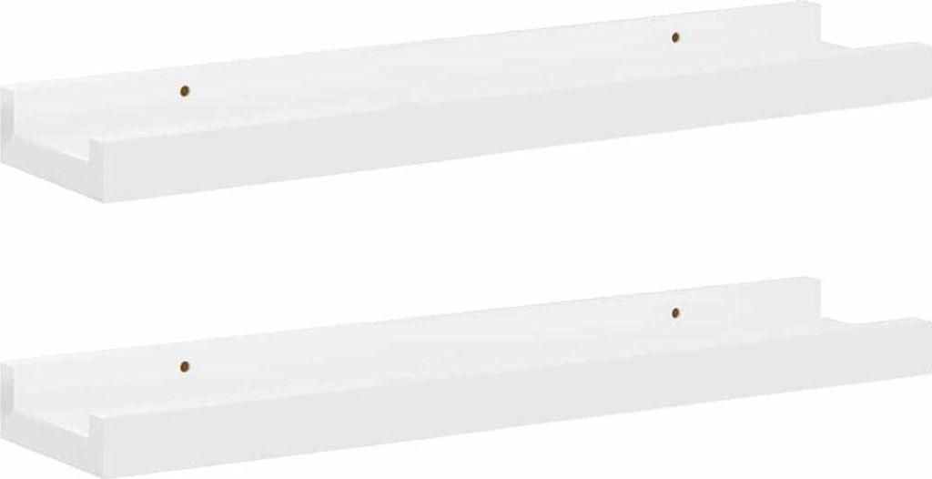 Two white wall shelves are shown against a white background.