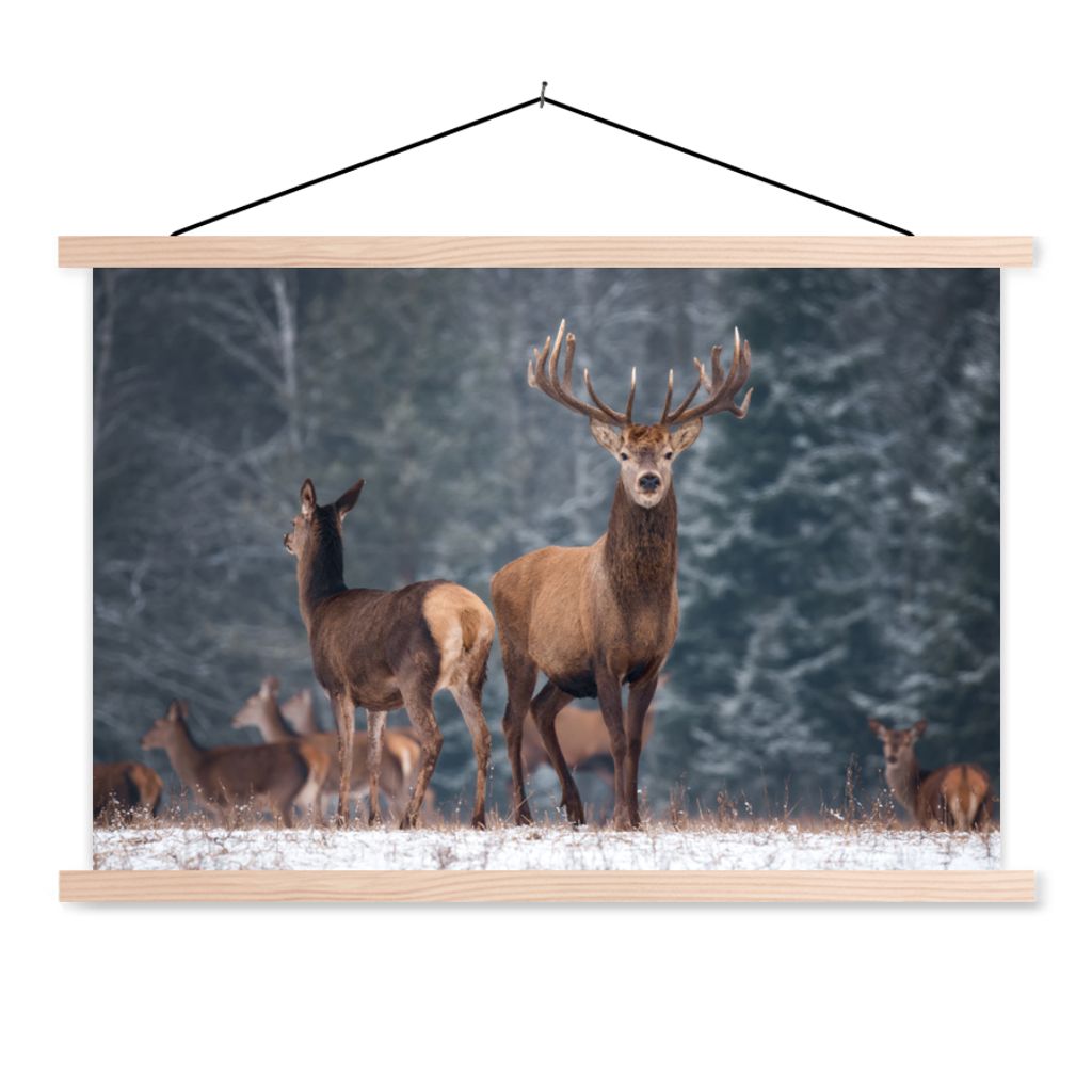 MuchoWow Textilposter Waldtiere - Hirsche - Landschaft - Winter - Schnee - Natur 60x40 cm mit holzfarbenen Rahmen - Bilder
