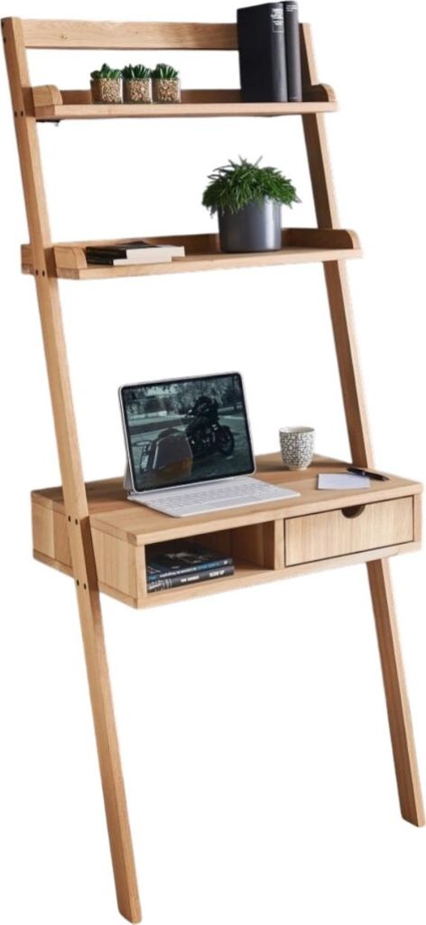 A wooden ladder desk with shelves and a drawer, displaying a laptop and some decorative items.