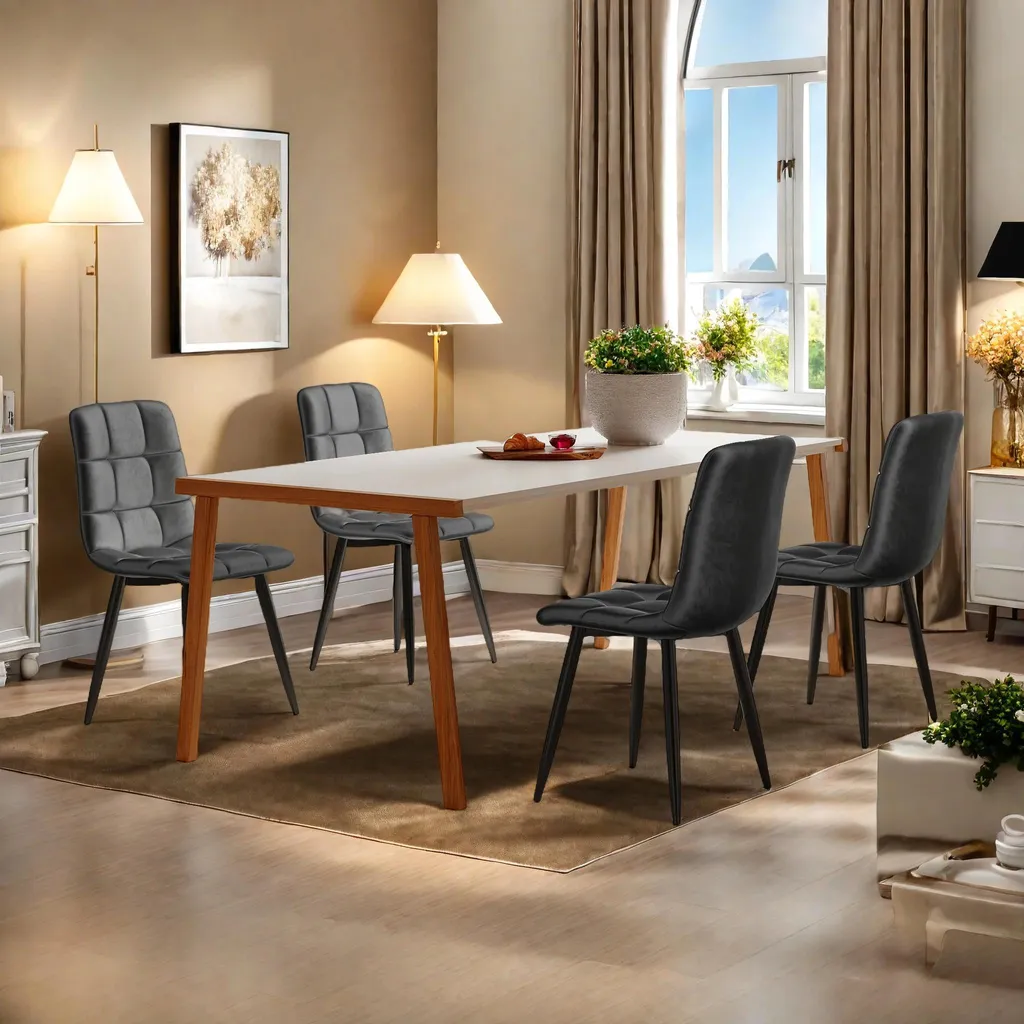 Chaise en velours gris haute densité, structure métal robuste et stable