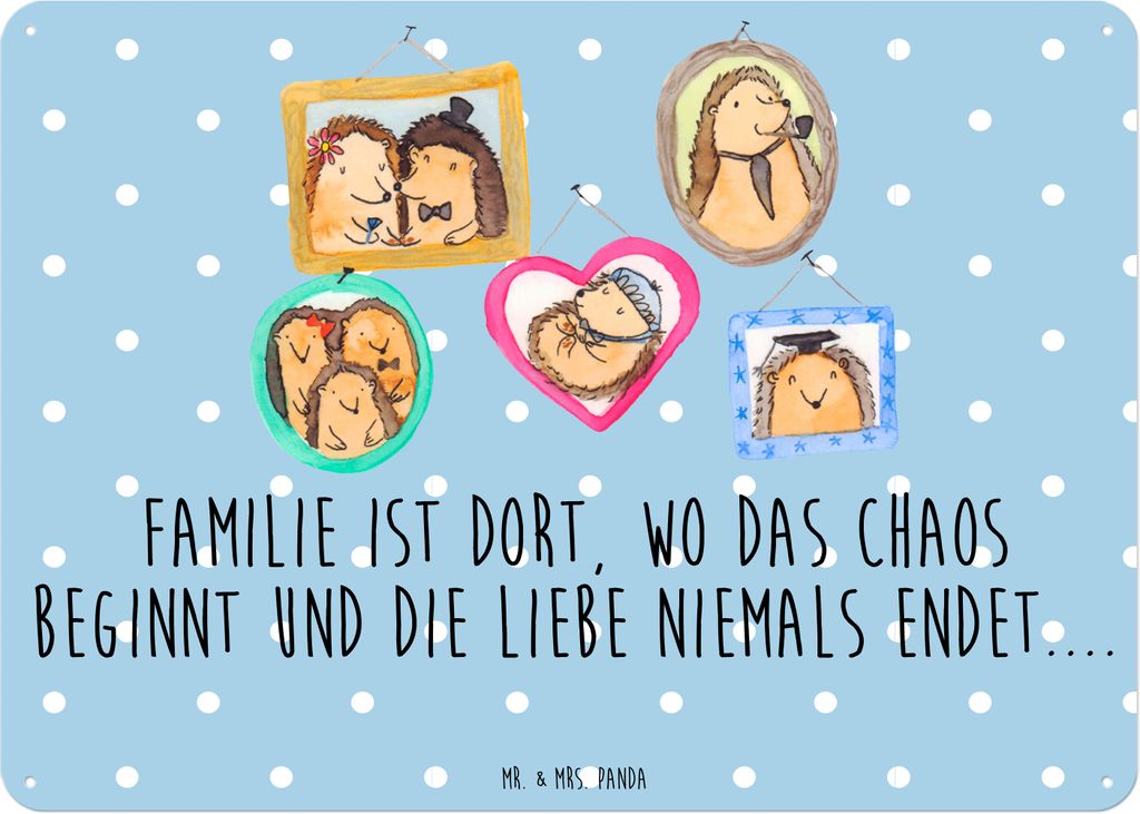 Mr. & Mrs. Panda Schild Igel Familie DIN A6 - Blau Pastell - Geschenk, Glück, Bilder, Retro Blechschild, Magnetschild, Mama, Muttertag, tafel, Lie...