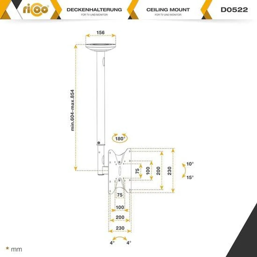 Support de plafond TV orientable et inclinable pour écran 23 à 42