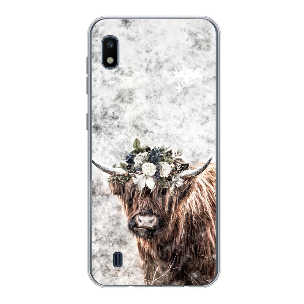 MuchoWow Handyhülle Schutzhülle Hülle für Samsung Galaxy A10 Schottischer Highlander - Marmor - Blumen Silikon Softcase Handy Hülle - Schutz...