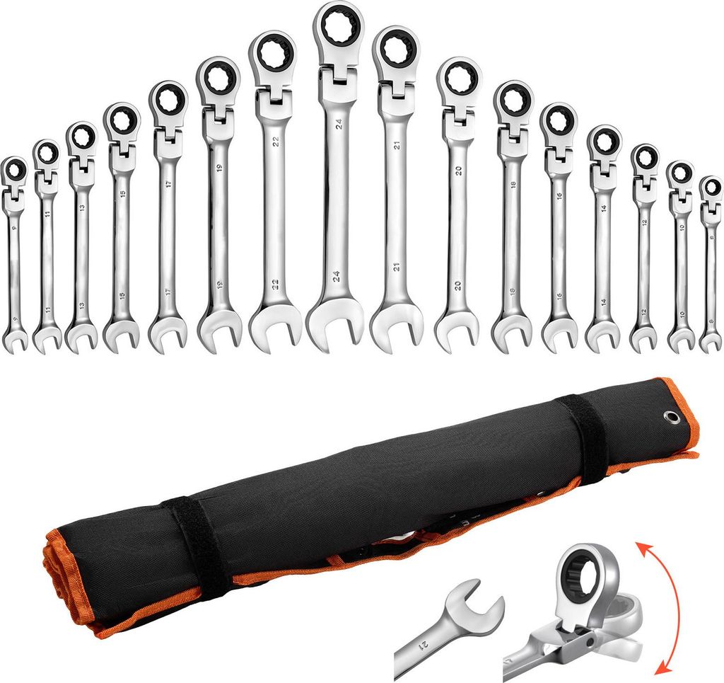 SucceBuy Flexkopf-Ratschenschlüsselsatz 30-tlg. Metrisch und SAE, 72-Zahn-Ratschenringschlüssel aus Cr-V-Stahl mit praktischer Aufbewahrungstasch...