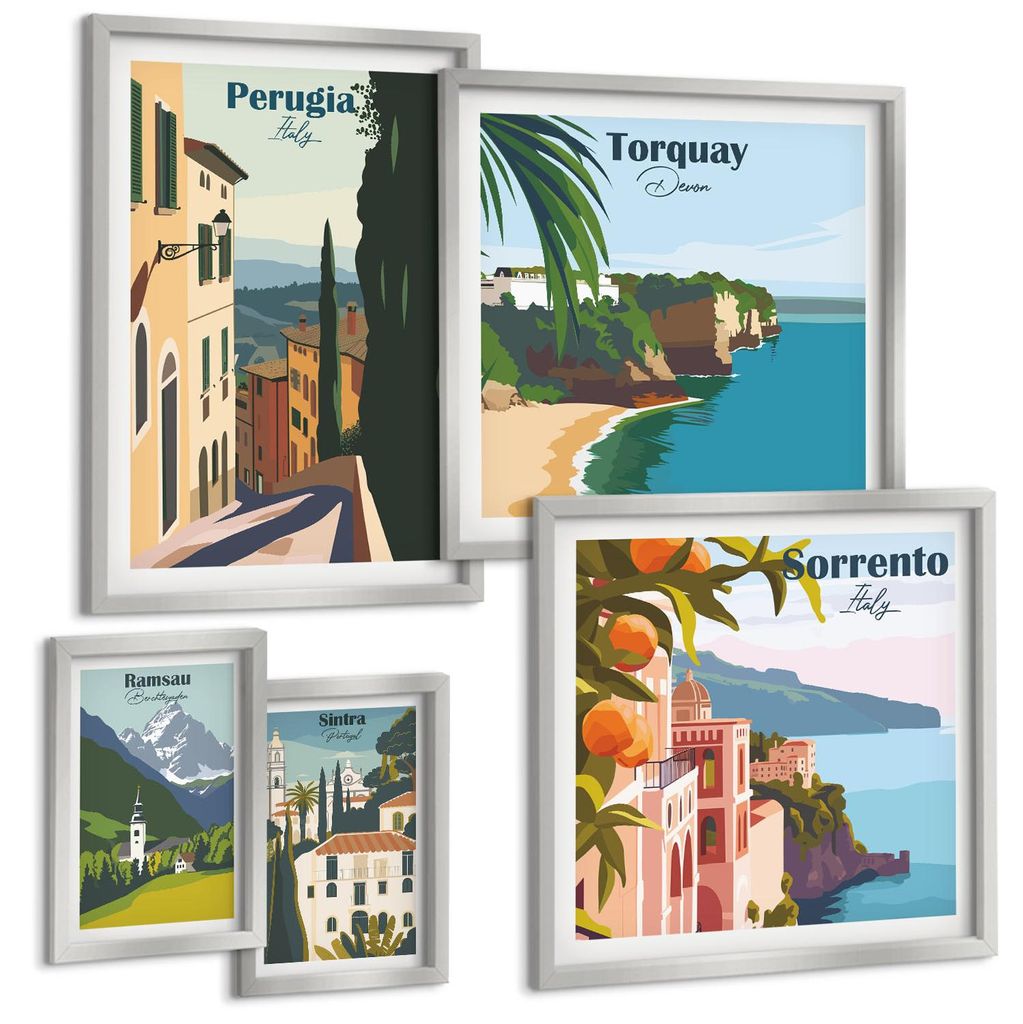 Bilder Set 5-teilig im silbergerahmten Rahmen – Wandbilder 5 Stück – gerahmte Poster für Wohnzimmer, Schlafzimmer und Flur – 50x50 cm - 40x...