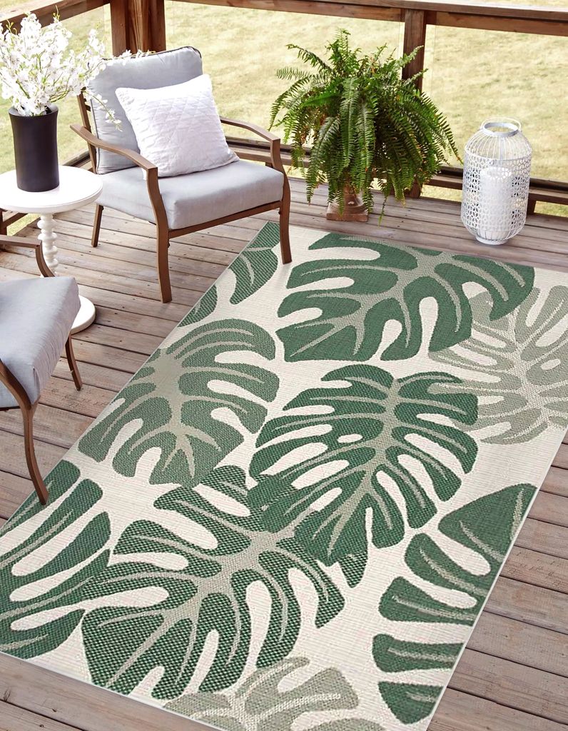 In- und Outdoor Teppich, Flachgewebe für Terrasse, Balkon, Garten, MONSTERA, Weiß-Grün 80x150cm
