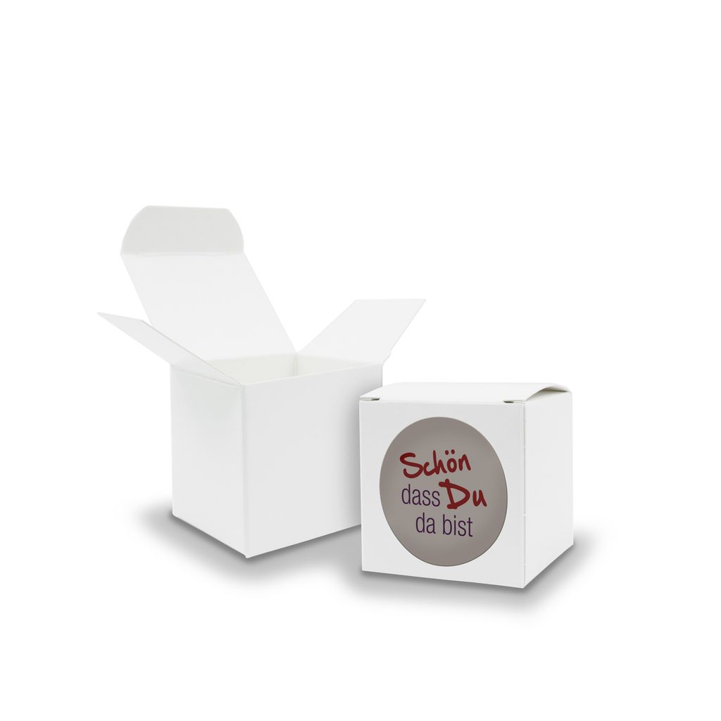 SET Schön dass Du da bist (Motiv6) 24xFaltschachtel Würfel 5cm weiß +Sticker