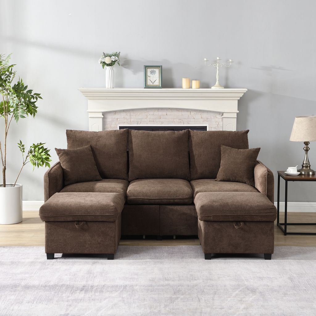 STILVORA Ecksofa Multifunktionale Polster-Sofa U-Form-Dreisitzer,Loungesofa mit Staufunktion,Sofa mit Schubladen und Hocker,Antikbraun