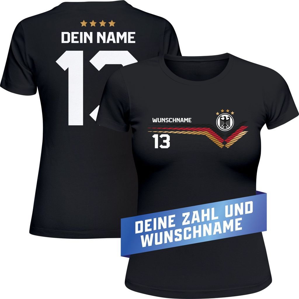 EM Shirt Damen Deutschland Trikot Vorderseite Rückseite personalisiert mit Name Zahl Fußball Europameisterschaft 2024 Moonworks schwarz 3XL