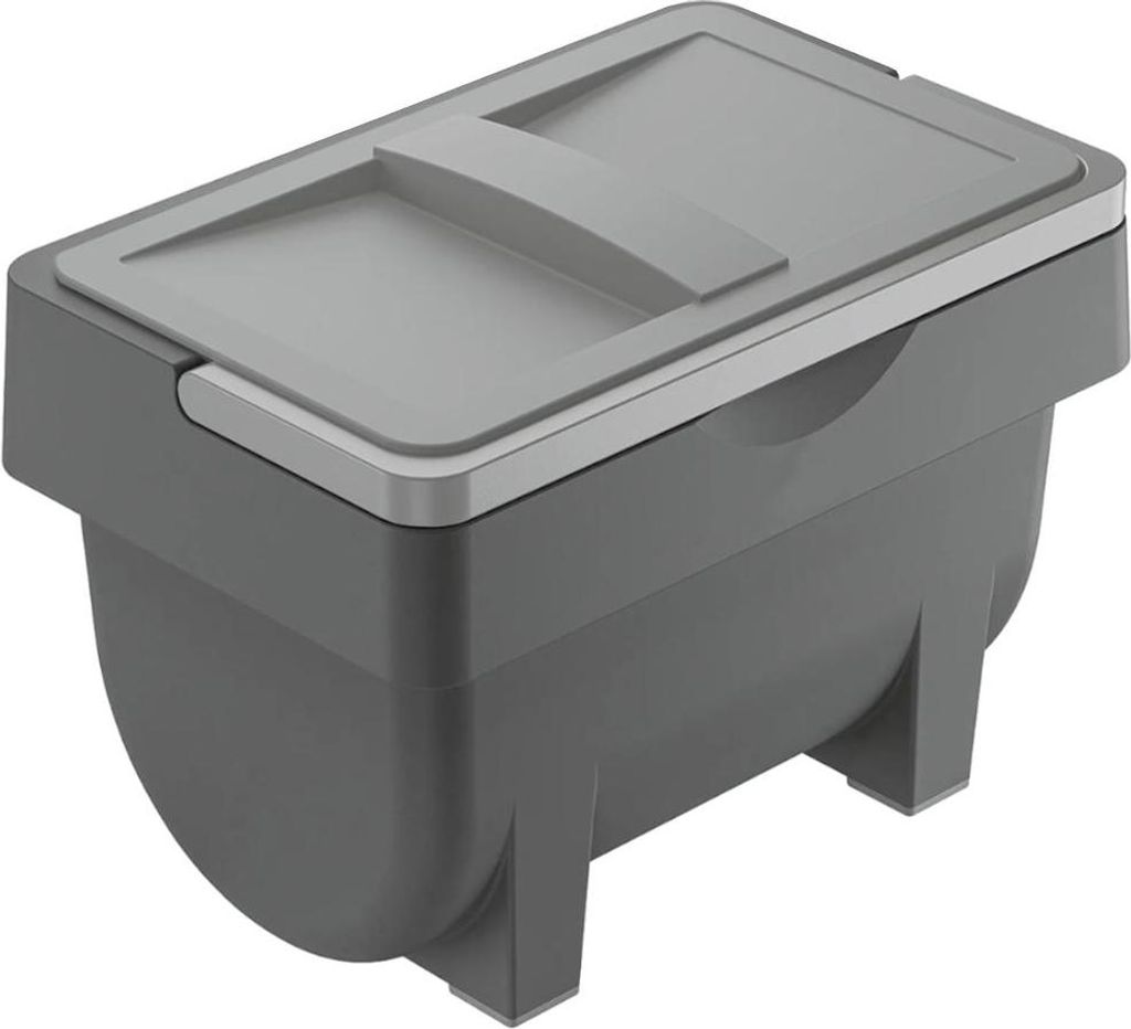 A 3D render of a gray plastic waste bin with a lid.