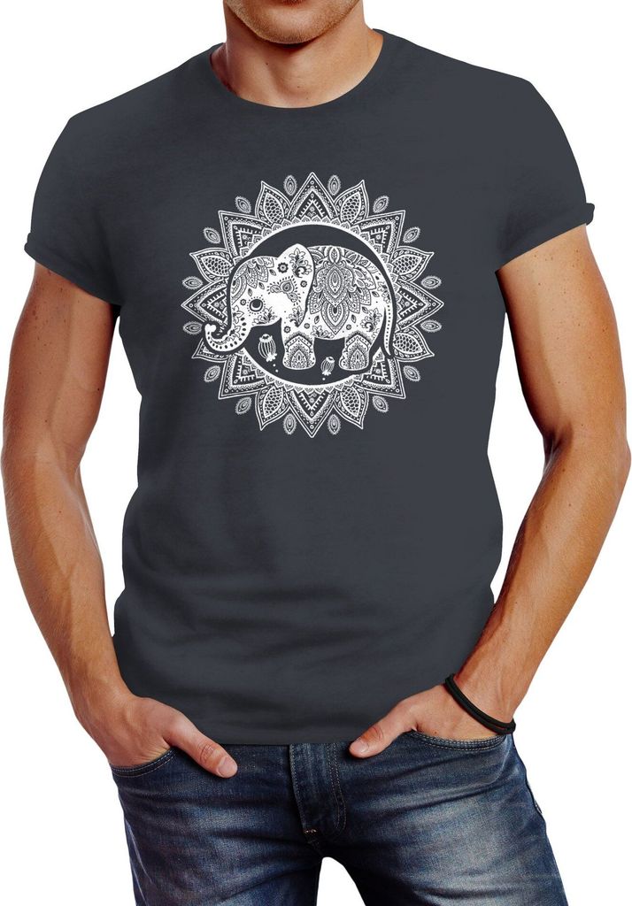 Herren T-Shirt Elefant Mandala Boho Bohamian Ethno Tribal Ornament Slim Fit Neverless dunkelgrau 5XL