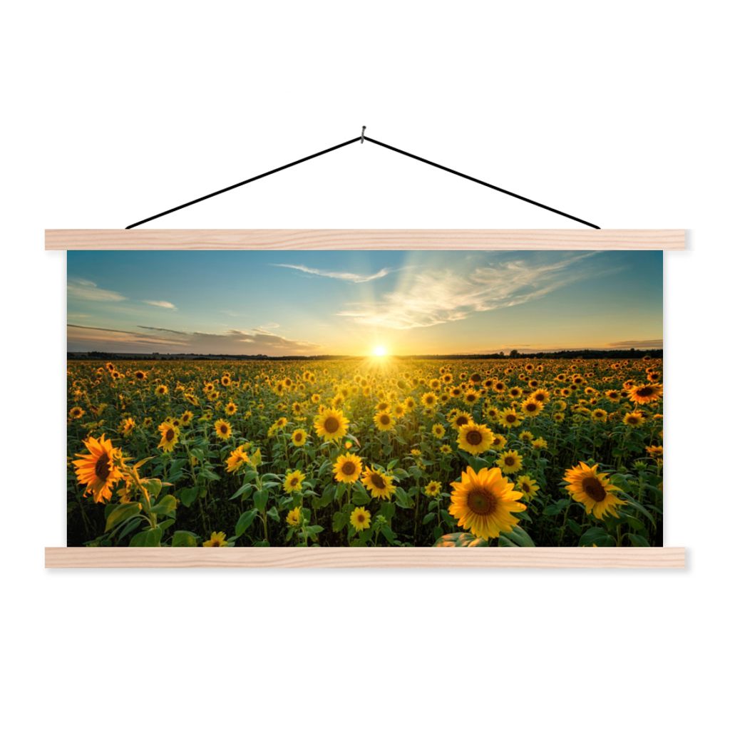 MuchoWow Textilposter Sonnenuntergang - Blumen - Sonnenblume - Horizont - Landschaft 60x30 cm mit holzfarbenen Rahmen - Dekoration