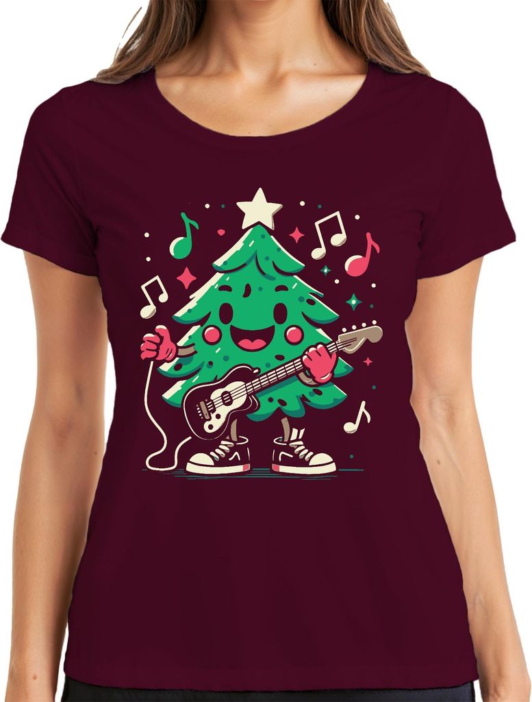 Tannenbaum Gitarre - Weihnachten Weihnachtsgeschenk Christmas Damen T-Shirt, Burgundy, L