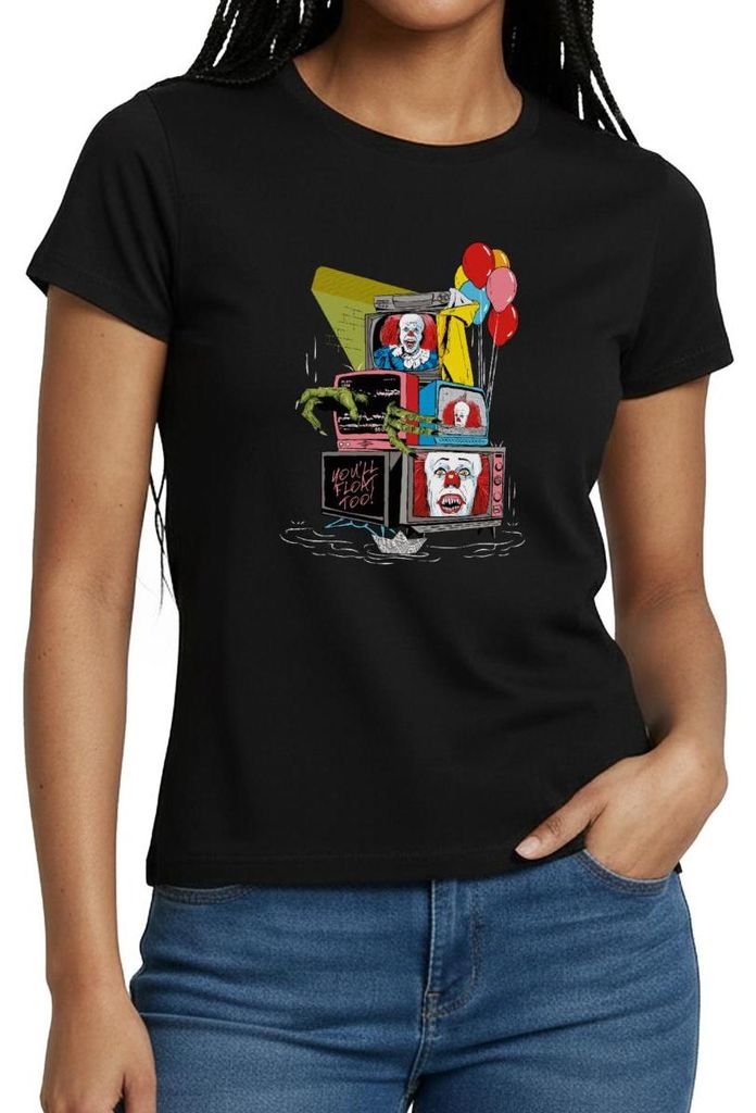 Spreadshirt ES Horrorfilm Pennywise Ballons Fernseher Frauen T-Shirt, L, Schwarz