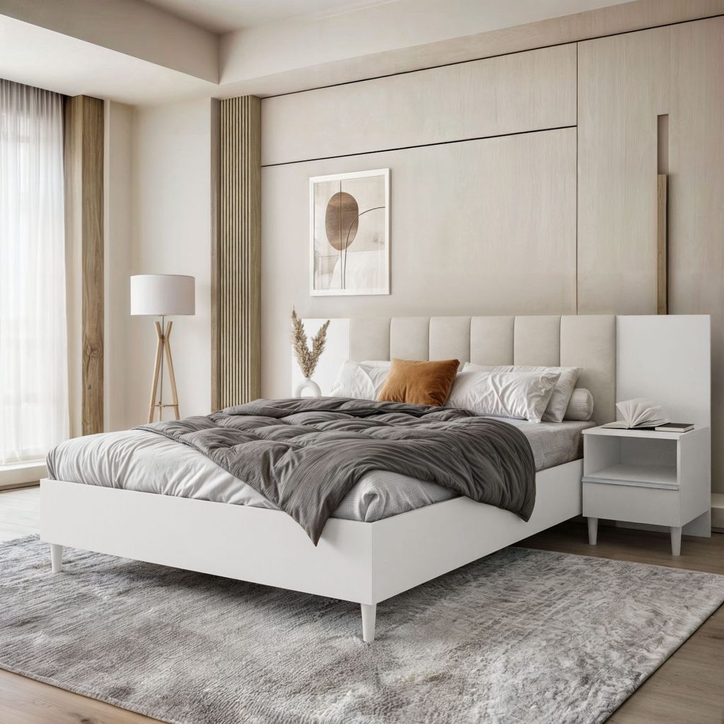 Polsterbett LECTUS 160x200cm - Designerbett mit Bettkasten, Lattenrost & einem Nachttisch - Weiß & Hellbeige (Jasmine 21)