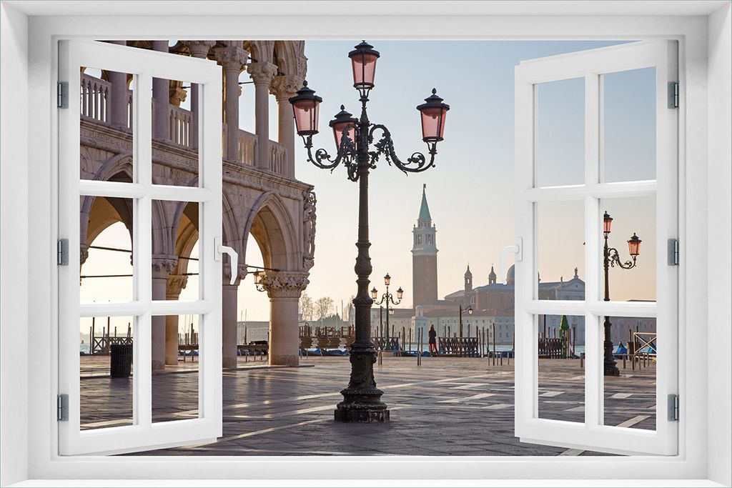 Wallario Wandbild aus Acryl, 60 x 90 cm, freischwebende Optik - Venedig - Dogenpalast, Markusplatz und San Giorgio Maggiore II mit Fenster-Illusion