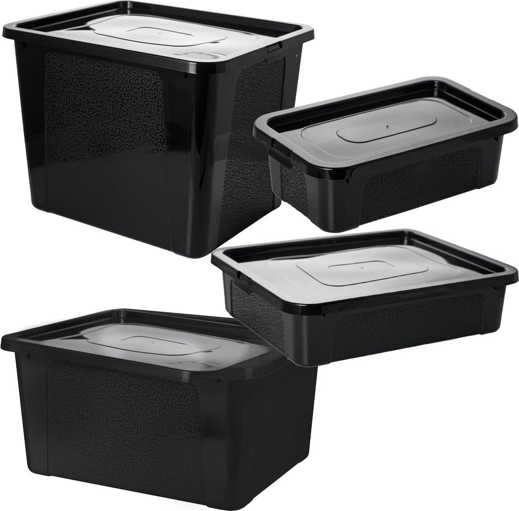 Four black plastic storage boxes of different sizes with lids, arranged in a group on a white background.