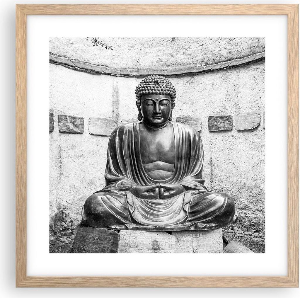 Gerahmtes Poster - Rahmen in heller Eiche - Japanisch Buddha Statue - 40x40 cm - Wand Bild - Wanddeko - Wandbilder - Wandposter - Bilderrahmen - Bi...