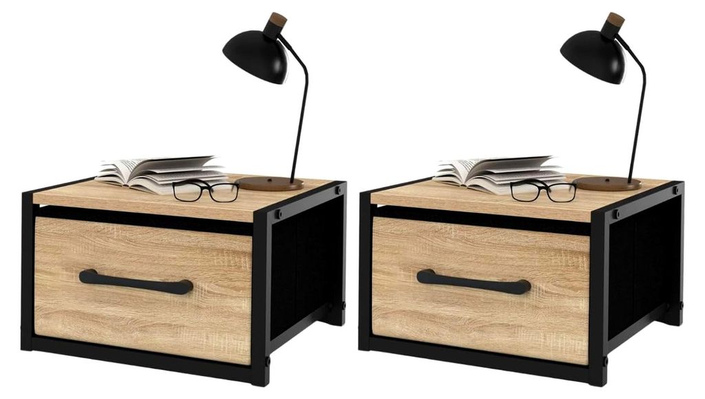 2er-Set Wand-Nachttische mit Schublade im Industriedesign