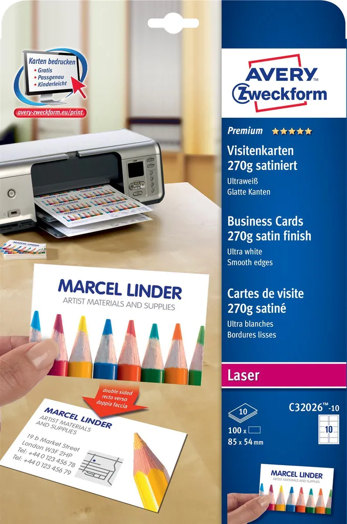 Cartes de visite imprimables bords lisses Avery Zweckform Quick & Clean