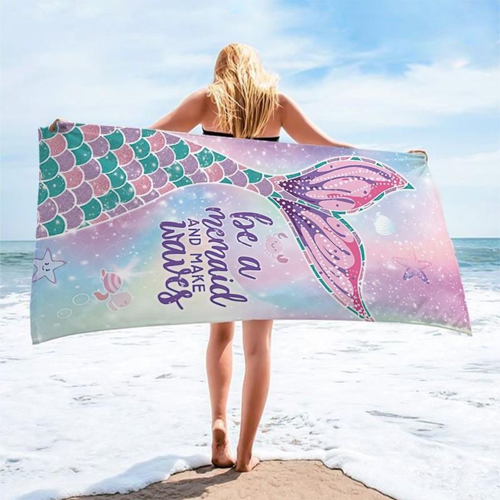 Rechteckiges Strandtuch mit BE A MERMAID Design, 150x70 cm, Mikrofaser, Weiß