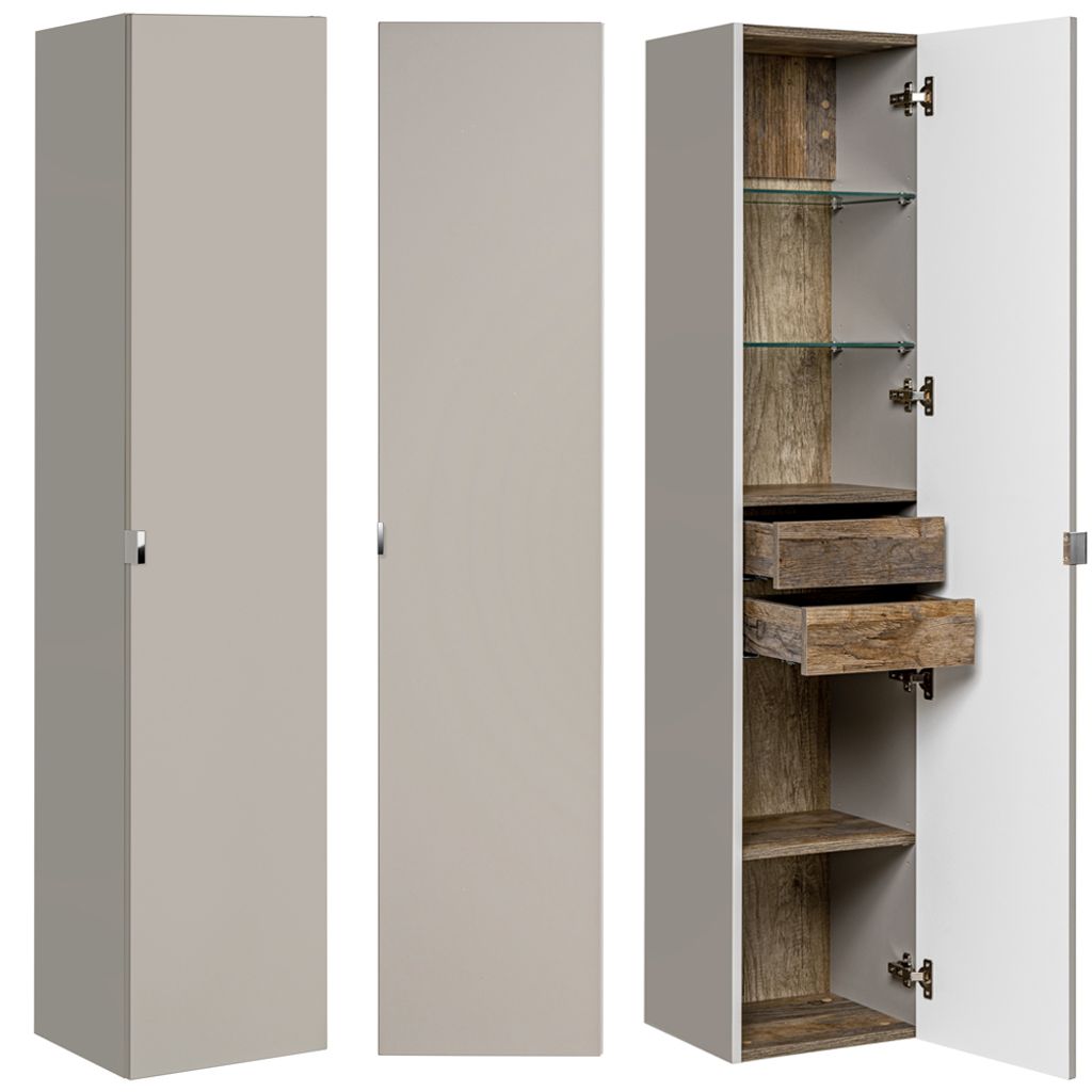 A tall, narrow cabinet shown from three different angles: closed from the front, closed from the side, and open from the front.