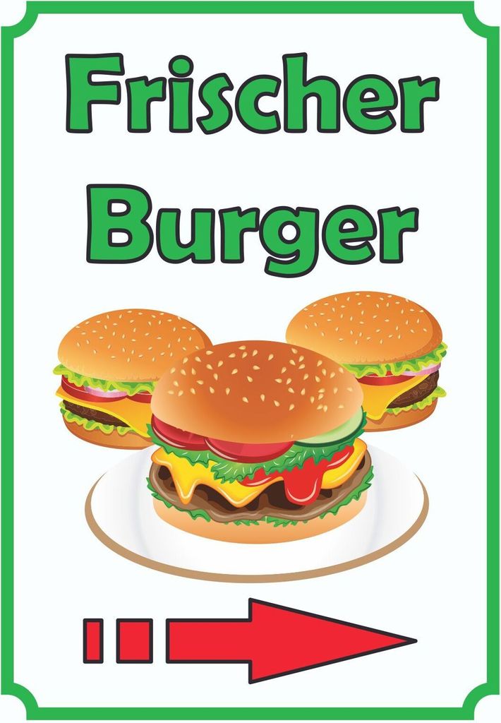 Frischer Burger Schild Hochkant mit Pfeil rechts A0 Rückseite selbstklebend