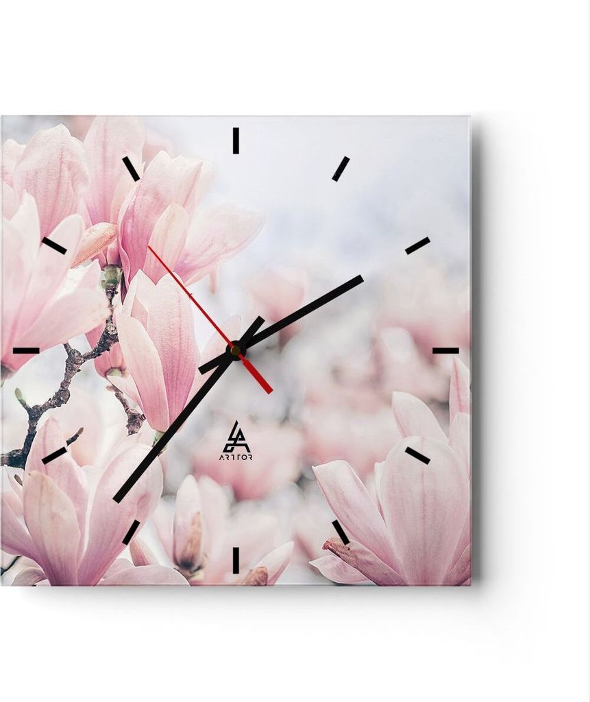 Wanduhr - Quadrat - Glasuhr - Magnolie Blumen Rosa - 30x30cm - Schleichendes Uhrwerk - Lautlos - zum Aufhängen bereit - Dekoration Modern - Wandde...