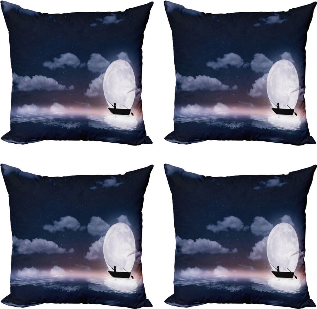 ABAKUHAUS Vollmond Kissenbezug Set (4 Stück), Fischer im Boot Nacht, Moderner Doppelseitiger Digitaldruck, 45 cm x 45 cm, Night Blue Pale Lila
