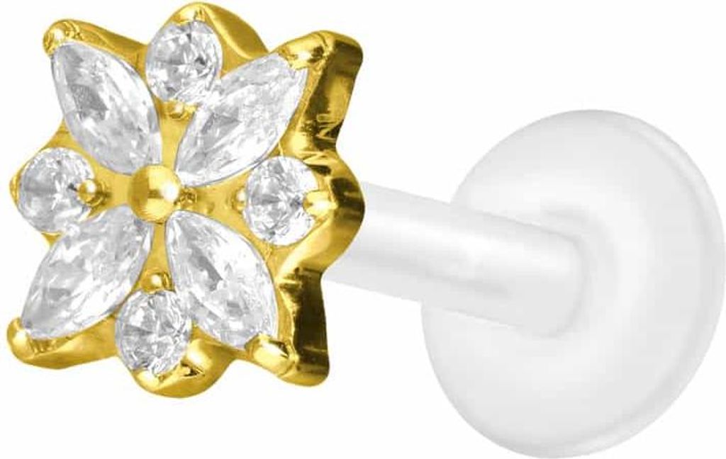 Ohrpiercing, Nasenpiercing PTFE Labret mit Innengewinde + Titan-Aufsatz KRISTALLBLUME Gold Stablänge: 7mm | Stabstärke: 1,2mm