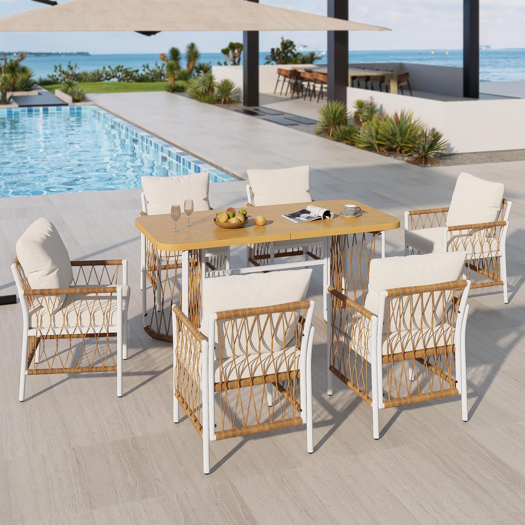 Flieks Gartenmöbel-Set 6 Sitzer, 6 Gartenstühle mit Esstisch, Gartenlounge-Set 7-tlg., Rattan Gartengarnitur Outdoor-Möbel-Sets, Beige