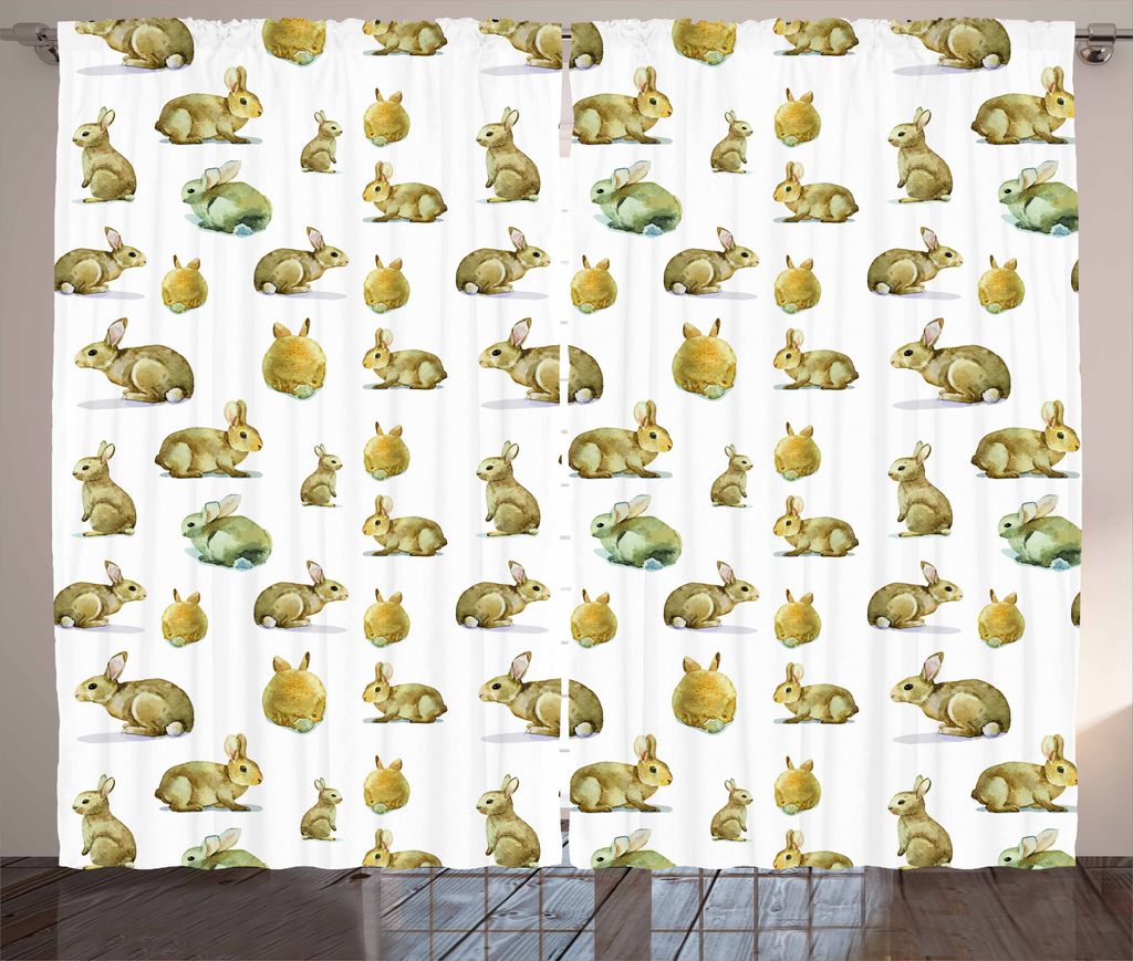ABAKUHAUS Aquarell Rustikaler Vorhang, Furry Kaninchen, Wohnzimmer Universalband Gardinen mit Schlaufen und Haken, 280 x 175 cm, Hellgelb Hellbraun